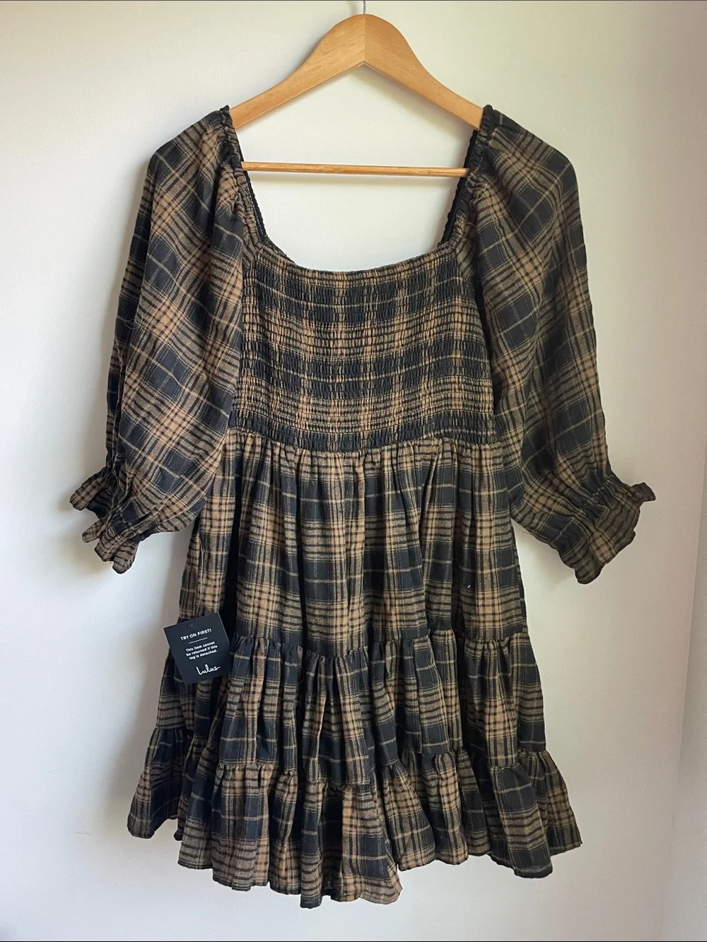 Lulu's Black and Tan Plaid Flannel Smocked Puff-Sleeve Tiered Mini Dress - Picture 5 of 5